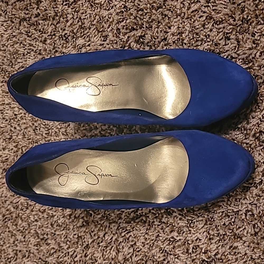 Jessica Simpson, blue suede platform heels, size 7